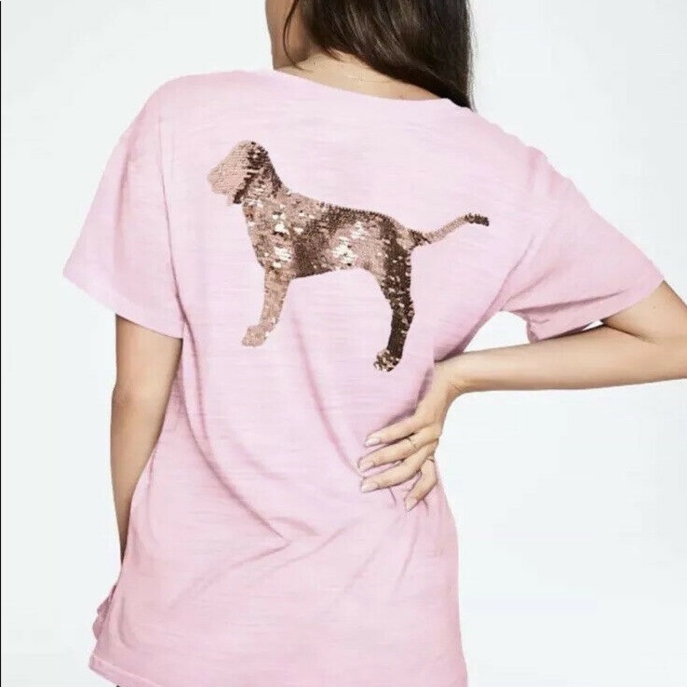 VS PINK Dog Logo Flip Sequin Tee